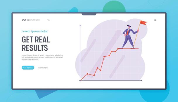Financial Profit Diagram. Website Landing Page, Businessman with Red Flag Stand on Top of Growing Business Chart on Coordinate System, Arrow Graph, Web Page. Cartoon Flat Illustration, Banner vector