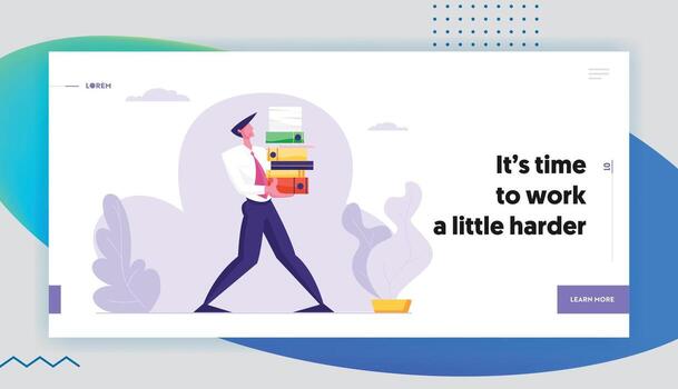 Man Carry Huge Steak of Documents. Businessman, Office Employee Character Overload at Work, Very Busy Day, Manager at Workplace Website Landing Page, Web Page. Cartoon Flat Illustration, Banner vector