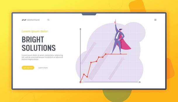 Growth Data Analysis Arrow Graph Website Landing Page, Business Man in Super Hero Cape Stand on Growing Chart, Financial Profit Statistic Diagram Web Page. Cartoon Flat Illustration, Banner vector
