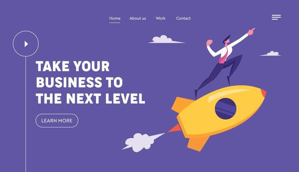 Creative Startup Rocket Launch. Business Man Character Fly on Space Ship Point Direction Project Development Innovation Concept Website Landing Page, Web Page. Cartoon Flat Illustration, Banner vector