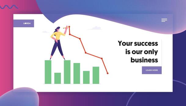 Business Woman Stand on Column Chart Drawing Broken Curve Line. Growth Data Analysis Graph, Financial Statistic Diagram. Website Landing Page Set, Web Page. Cartoon Flat Illustration, Banner vector