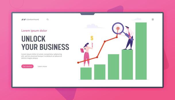 Business Man with Magnifying Glass and Woman Marketing Solution Development. Working on Growth Data Analysis Arrow Graph, Website Landing Page Set, Web Page. Cartoon Flat Illustration, Banner vector