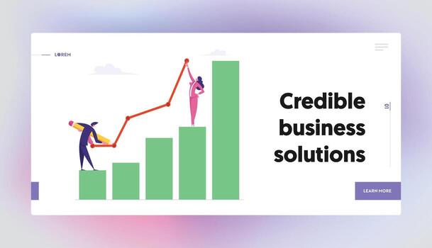 Business Characters Teamwork Concept. Business Team Paint Growing Arrow above Flowchart Graph. Cooperation, Partnership. Website Landing Page Set, Web Page. Cartoon Flat Illustration, Banner vector