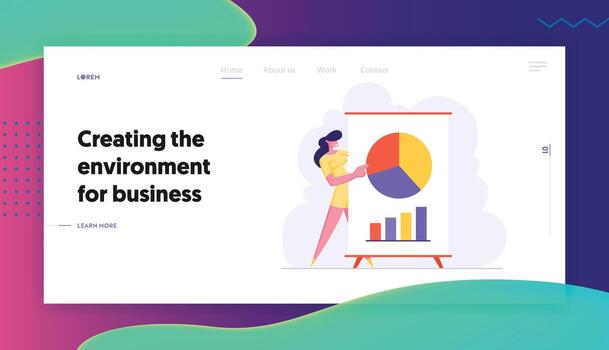 Business Meeting, Project Presentation, Woman Business Coach Pointing on Financial Pie Chart Data Analysis Statistics, Website Landing Page Set, Web Page. Cartoon Flat Illustration, Banner vector