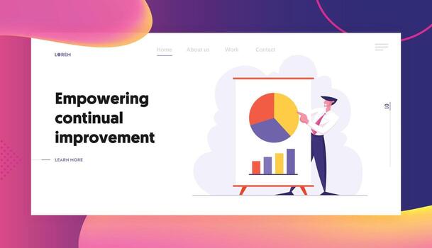 Business Meeting, Project Presentation, Male Character Point on Financial Pie Graph on Flip Board, Data Analysis Statistics Website Landing Page Set, Web Page. Cartoon Flat Illustration, Banner vector