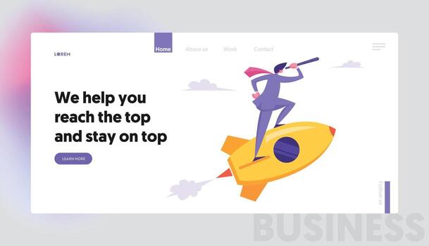 Startup Concept, Businessman Looking Through Spyglass Flying on Rocket. New Business Project Launch, Innovation Idea Research Website Landing Page, Web Page. Cartoon Flat Illustration, Banner vector