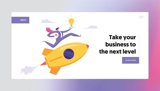 Start Up Idea Concept. Business Project with Rocket and Businessman Character Run with Light Bulb. Goal Achievement, Insight. Website Landing Page, Web Page. Cartoon Flat Illustration, Banner vector