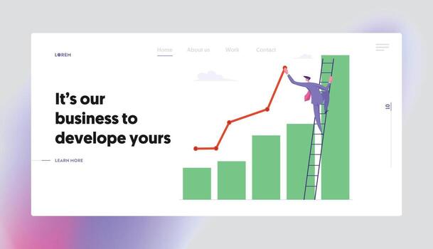Business Man Stand on Ladder Lean to Column Chart Paint Growing Curve Line. Businessman Work on Financial Profit Statistic Website Landing Page Set, Web Page. Cartoon Flat Illustration, Banner vector