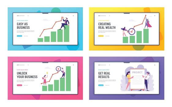 Business Presentation, Marketing Solution Development Website Landing Page Set, Employees Performing New Project Idea, Data Analysis Arrow Graph, Web Page, Cartoon Flat Illustration, Banner vector