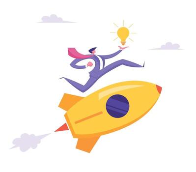 Start Up Idea Concept. Business Project with Rocket and Businessman Character Run with Lighting Bulb in Hand. New Product or Service Launch, Goal Achievement, Insight. Cartoon Flat Illustration vector