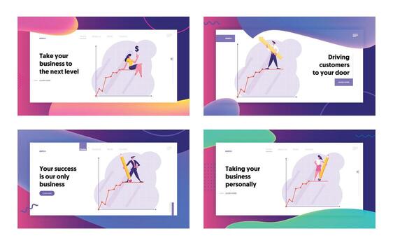 Financial Statistics Growth Graph Website Landing Page Set, Businessman on Top of Growing Business Chart on Coordinate System, Project Presentation, Web Page. Cartoon Flat Illustration, Banner vector