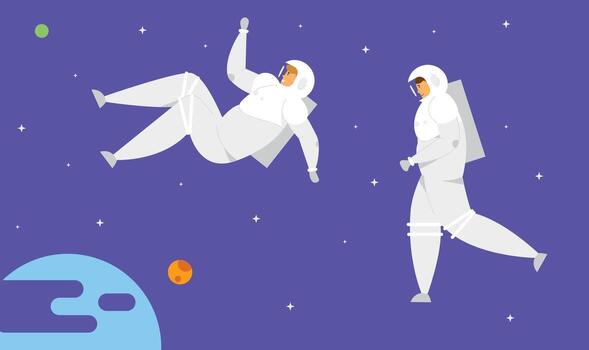 Astronaut Characters in Space Suits Flying in Outer Space with Stars and Earth or Extraterrestrial Planet Background, Cosmonauts in Charge of Maintenance, Exploration, Cartoon Flat Illustration vector