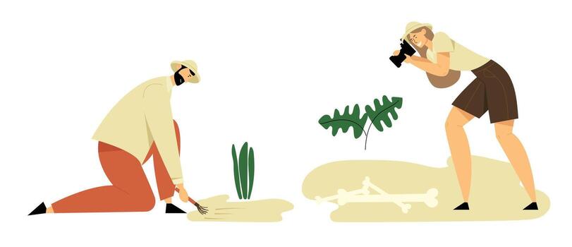 arqueólogos, paleontología científicos trabajando en excavaciones, excavación, explorador y fotografiando antiguo artefactos personas estudiando dinosaurios fósil esqueleto huesos. dibujos animados plano ilustración vector