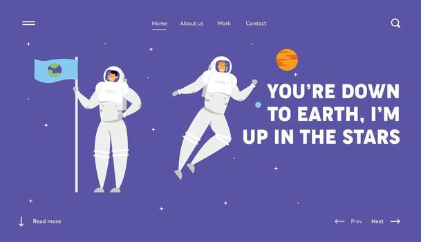Space Mission and Traveling. Website Landing Page, Astronaut Holding Flag with Earth Image on Starry Sky Background Outer Space Exploration Adventure Web Page. Cartoon Flat Illustration, Banner vector