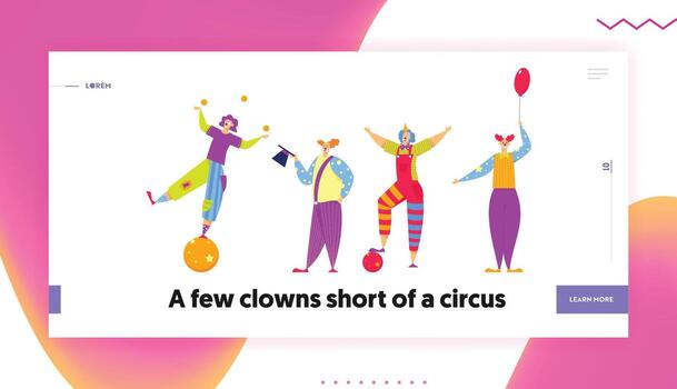 Funny Characters in Costumes for Circus Show or Entertainment. Clowns, Animators in Clown Suit, Curly Ginger Wig and Red Nose. Website Landing Page, Web Page. Cartoon Flat Illustration, Banner vector