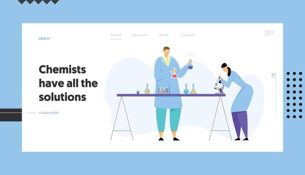 Chemistry Scientists Conducting Experiment in Science Laboratory, Man Holding Flasks Woman Technician Look in Microscope Website Landing Page, Web Page. Cartoon Flat Illustration, Banner vector