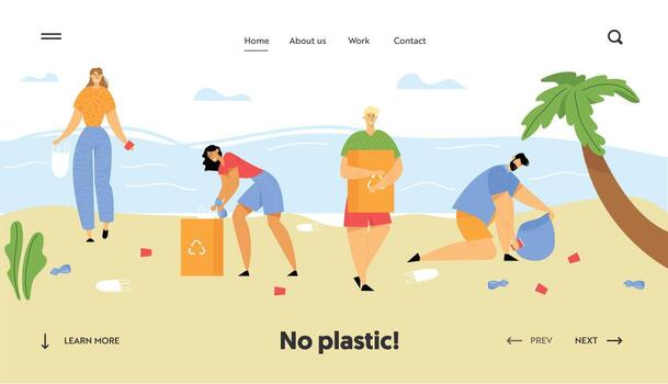 People Collecting Trash into Bags on Beach. Pollution of Seaside with Different Kinds of Garbage. Ecology Protection Concept Website Landing Page, Web Page. Cartoon Flat Illustration, Banner vector