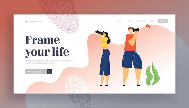 Tourists with Photo Camera Making Picture of Butterfly. Creative Hobby, Character Having Rest on Nature, Outdoor Activity, Website Landing Page, Web Page. Cartoon Flat Illustration, Banner vector