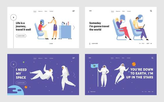 Airplane Crew and Passenger Characters in Plane, Astronauts in Space Suits Flying in Outer Space Website Landing Page Set, Stewardess Serving People Web Page. Cartoon Flat Illustration, Banner vector