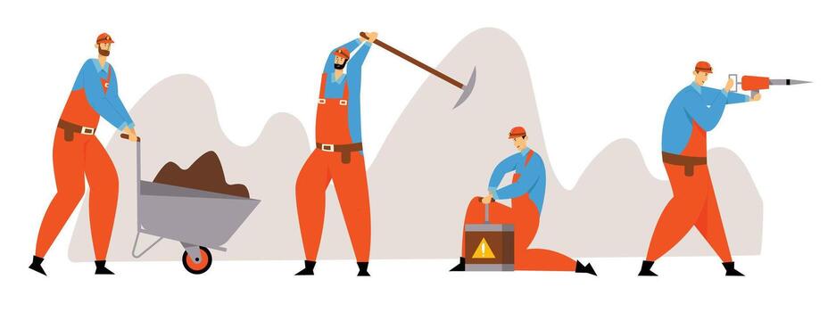 Set of Miner Characters, Coal or Minerals Mining, Workers in Uniform with Jackhammer, Wheelbarrow, Pickaxe and Dynamite at Work. Extraction Industry Profession Working Cartoon Flat Illustration vector