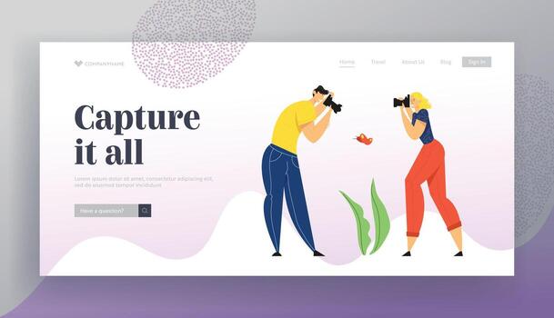 Man and Woman Photographers with Photo Camera Making Picture of Butterfly. Creative Hobby, Traveling Characters Rest on Nature, Website Landing Page, Web Page. Cartoon Flat Illustration, Banner vector