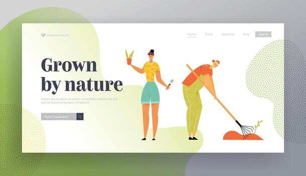 hombre y mujer jardineros plantando y cuidando de plantas deshierbe jardín cama. granjero creciente vegetales en granja. granjero producción sitio web aterrizaje página, web página. dibujos animados plano ilustración, bandera vector