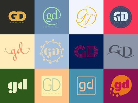 GD logo template Letter g and d logotype. Set different classic serif lettering and modern bold text with design elements. Initial font typography. vector