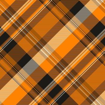 Orange, black and tan plaid pattern, diagonal. Ideal for backgrounds, textiles, or design projects needing a classic fallautumn aesthetic. Versatile, timeless. vector