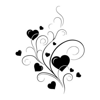 Black hearts and swirling lines on a white background, creating an abstract floral design vector