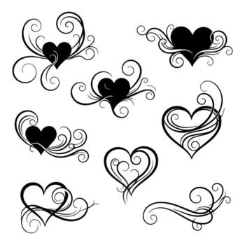 Siete negro corazón formas con florido volutas en un blanco antecedentes vector