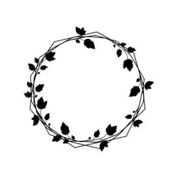 A circular frame with geometric lines and leaf silhouette adornment, with negative space vector