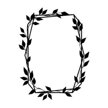 A black, geometric frame is adorned with leafed vines on a white background vector
