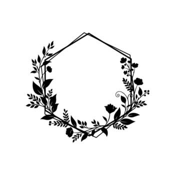 Silhouetted floral wreath. Hexagon frame adorned with botanical elements in black on a white background vector