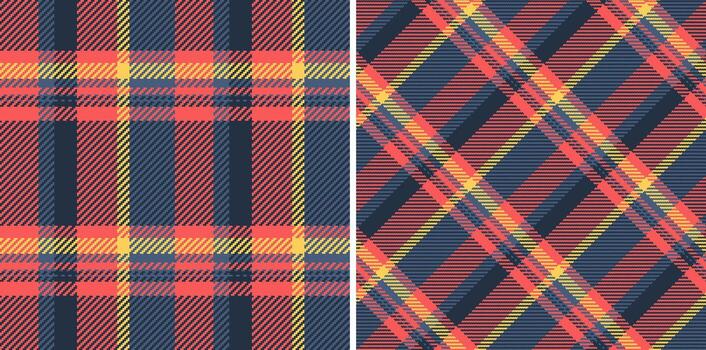 Two seamless tartan patterns in a combination of blue, red, and yellow. Suitable for fabric design, backgrounds, and wrapping paper. Versatile graphic resource. vector