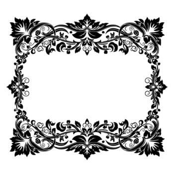 Ornate, symmetrical rectangular frame with floral and swirling elements in black on a white background vector