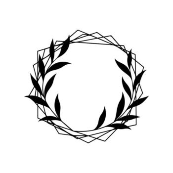 A geometric wreath of black leaves and lines, creating a symmetrical design on white vector
