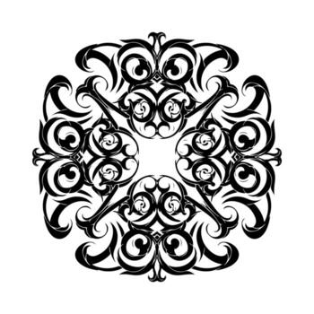 A symmetrical black and white ornate design. A center square is surrounded by mirrored patterns vector