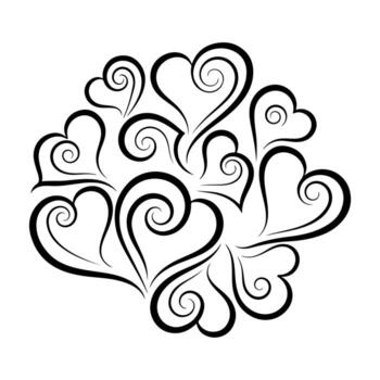 An abstract, black and white design of swirling hearts and curved lines on white background vector