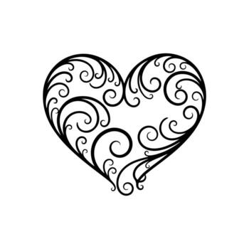 Black heart-shaped design with swirling lines. Features an open center vector