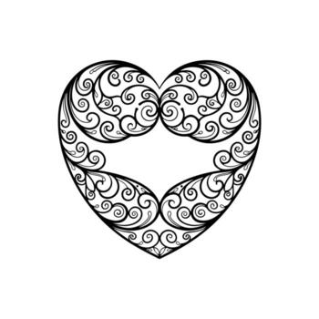 A black, ornate heart design with swirling, openwork patterns on a white background vector