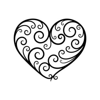 Black heart-shaped design with intricate swirling patterns on a white background vector
