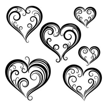 seis estilizado negro corazón formas, cada adornado con elegante volutas, en contra un blanco fondo vector