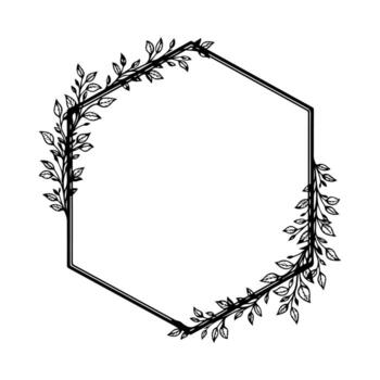 A hexagonal frame in black, adorned with leafy branches on edges, set against white vector
