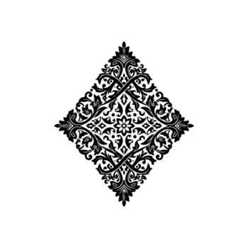 Black and white ornate rhombus design with floral and scroll elements on a white background vector