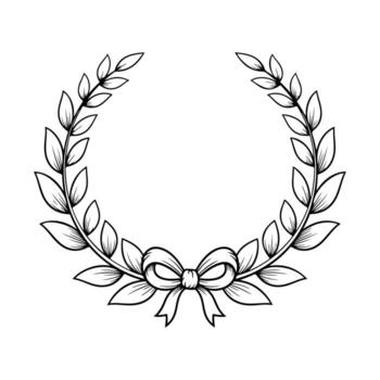 A symmetrical black and white laurel wreath with leaves, and a bow on the lower part vector