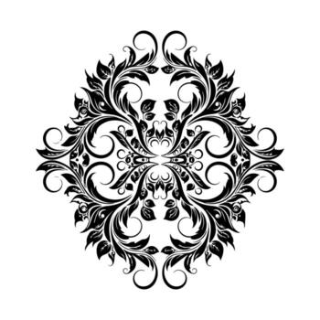 Symmetrical floral design in black. The shape has leaves and curls arranged around a center vector