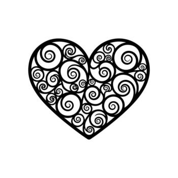 Black heart-shaped design with swirling patterns, intricate details on white background vector