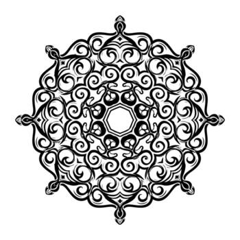 Intricate black and white circular design. It features ornate details with repeating symmetrical patterns vector