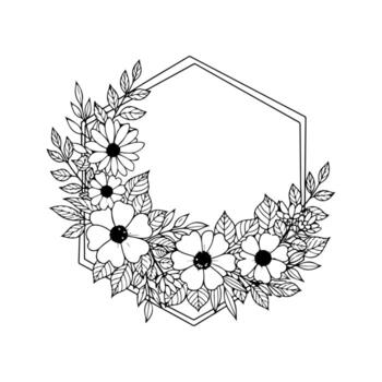 Black and white floral line art, flowers and leaves frame an empty hexagonal space vector