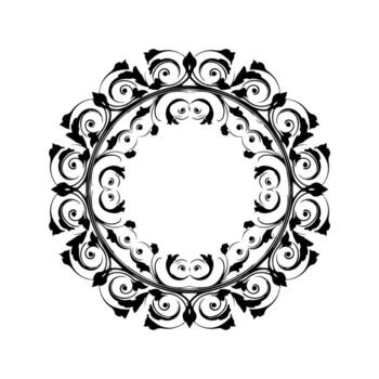 A circular, ornamental black and white design with symmetrical floral and scroll elements vector